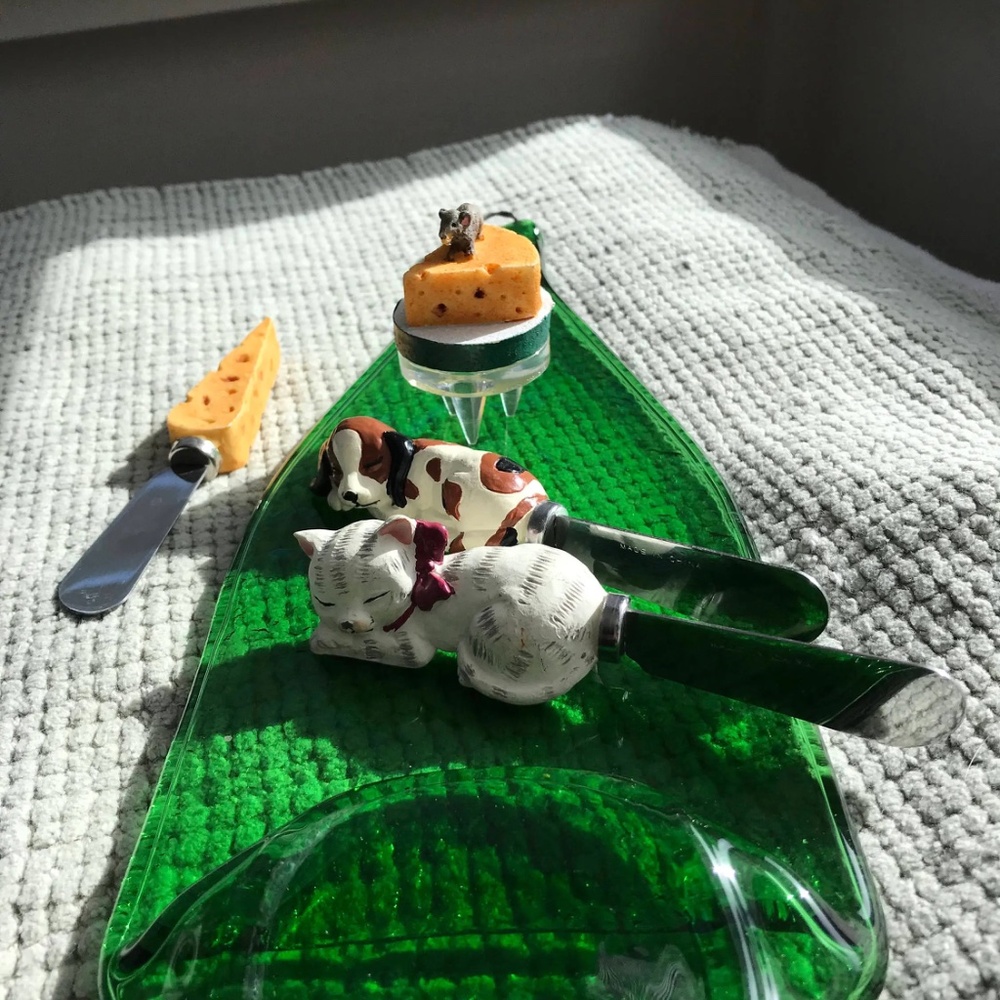 Vintage Green Flat wine Bottle Cheese Plates with Four Cheese Utensils.